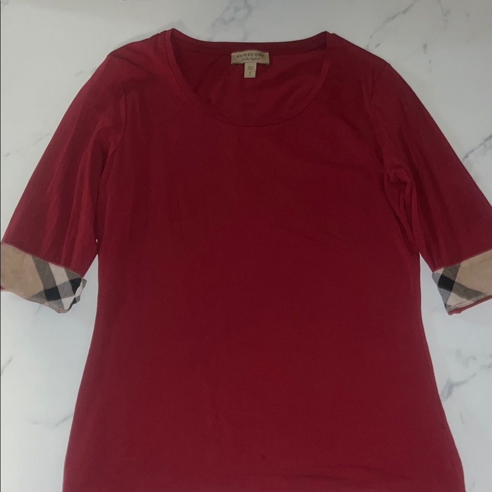 Burberry Red Tee with Checkered Sleeves